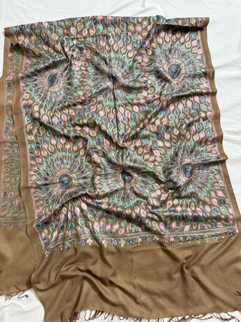 Elegant Floral Medallion Pashmina Wrap in Brown with Pastel Accents